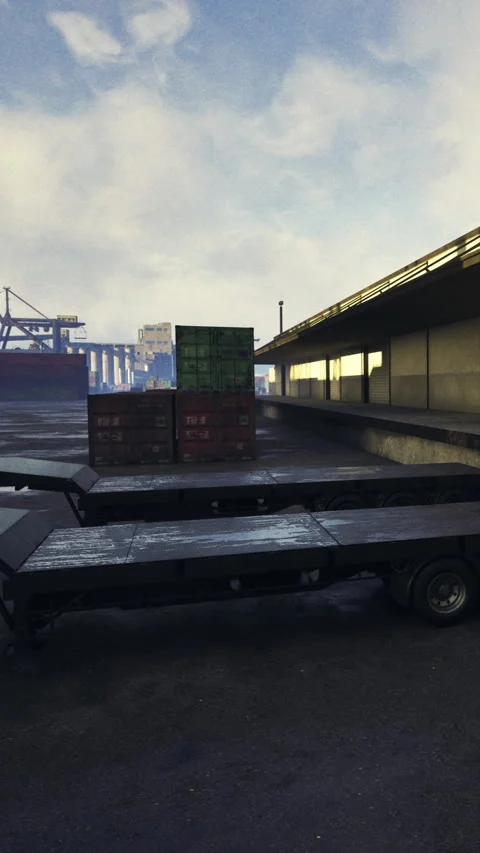 Cargo loading and unloading at the shipping dock in the early morning Stock Footage 331639694