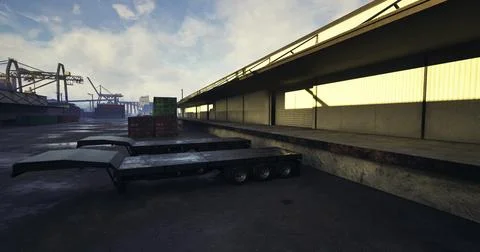 Cargo loading area at a shipping port with trailers parked Stock Illustration