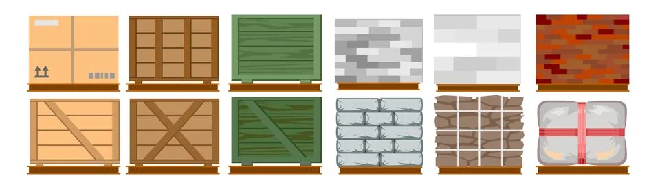 Cargo on a pallet. For forklift. Vector. Set of isolated objects: boxes, bric Illustrazione stock
