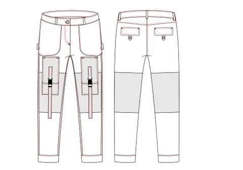 Cargo pants with large side pockets technical sketch. Front and back views - Stock Illustration