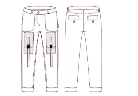 Cargo pants with large side pockets technical sketch. Front and back views - Stock Illustration