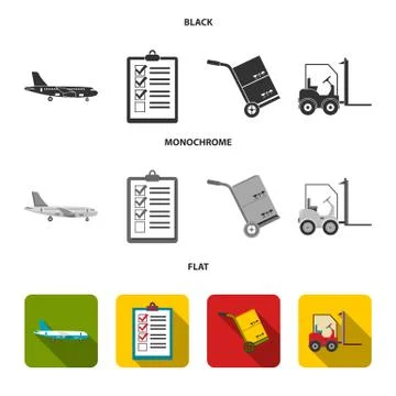 Cargo plane, cart for transportation, boxes, forklift, documents.Logistic,set Stock Illustration