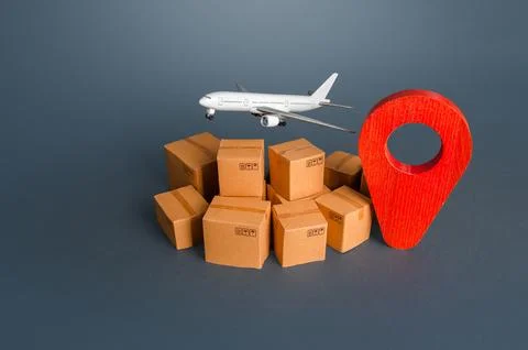 Cargo plane over boxes and red pin geolocation symbol. Services of express de Stock Photos