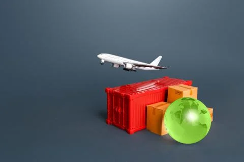 Cargo plane over a container with boxes and a globe. Services of express deli Stock Photos