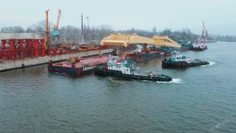 Cargo port anchorage of barges for loading and unloading, industry of the city. Stock Footage 159492042