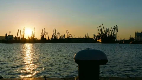 Cargo port cranes silhouette on sunset Stock Footage 82089766