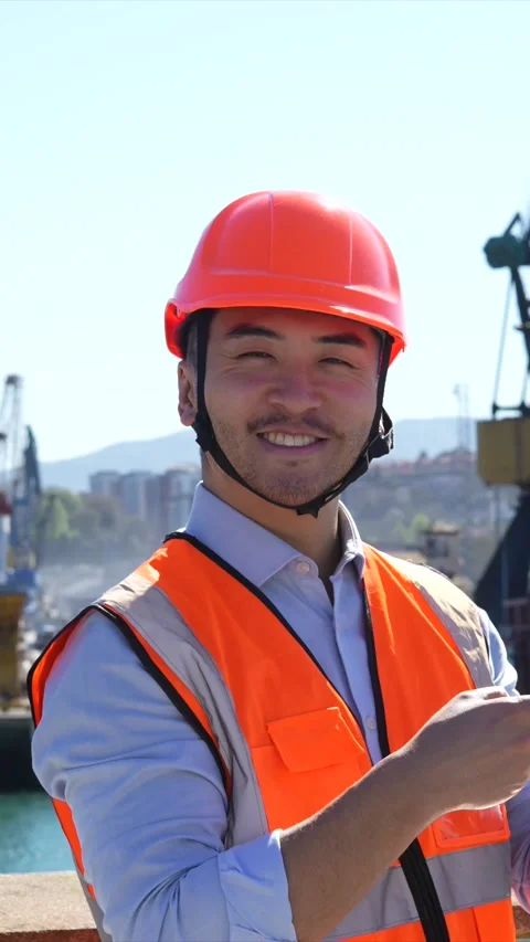 Cargo port engineer using smartphone and smiling Stock Footage 333731549