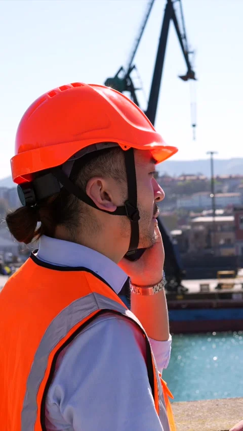 Cargo port worker discussing logistics on a smartphone Stock Footage 333731596