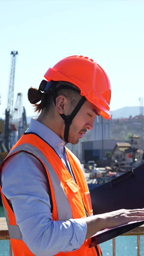 Cargo port worker inspecting and managing shipping logistics Stock Footage 333731561
