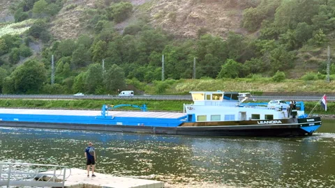 Cargo river boat on the Moselle river in Germany Stock Footage 280793465