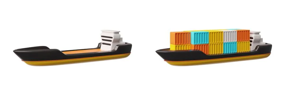 Cargo ship 3D vector set, cartoon merchant ship with deck for containers, sea イラスト素材