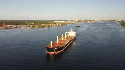 Cargo ship aerial view leaving river 動画素材 159277405