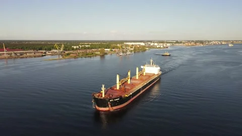 Cargo ship aerial view on the river Stock Footage 159277331