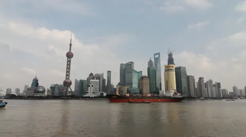 Cargo ship and container ship passing in the Huangpu River Stock Footage 22518730
