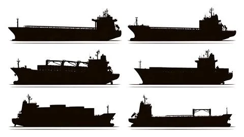 Cargo Ship and Freighter Black Solid Silhouettes Collection Stock Illustration