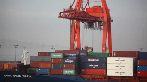 Cargo Ship Being Unloaded By Crane In Ensenada Mexico Video stock 38298850