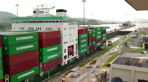 Cargo Ship Boat Freighter With Containers Moving Through Panama Canal Video stock 52683378