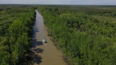 Cargo ship boat navigating narrow river in sunny day with rainforest Vídeo Stock 152093230