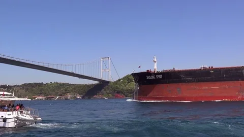 Cargo ship on the Bosphorus Stock Footage 75255837