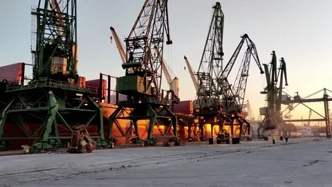 Cargo ship bulk carrier is loaded with grain of wheat in port at sunset Stock Footage 197813814
