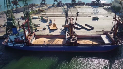 Cargo ship bulk carrier loading in port at sunset Stock Footage 195688439