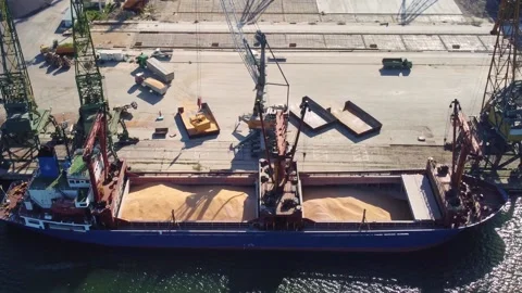 Cargo ship bulk carrier loading in port at sunset Stock Footage 196686128