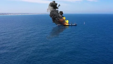 Cargo ship burning on fire with large scale smoke-Aerial Stock Illustration