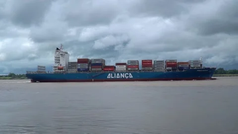 Cargo ship carrying containers sailing on the Amazonas River in Amazon, Brazil. Stock Footage 147339051