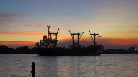 Cargo ship Chao phraya river twilight sunset Stock Footage 46779014