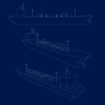 Cargo ship container contour set, tanker ship in the ocean transportation, Illustrazione stock
