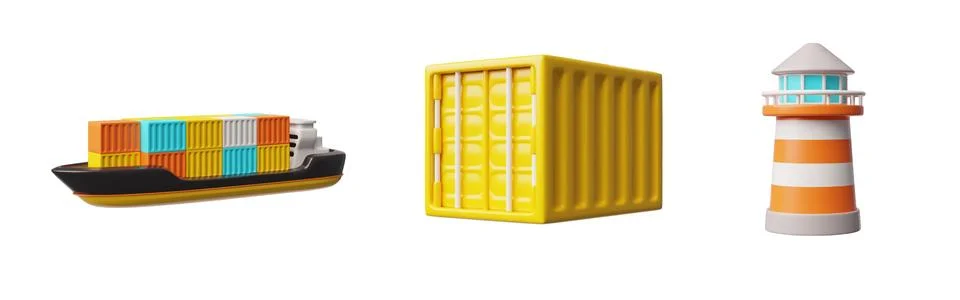 Cargo ship, container, lighthouse with beacon 3D plastic cartoon style vector Stock Illustration