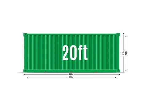 Cargo ship container vector mockup with dimensions scheme, 20ft size green metal Stock Illustration