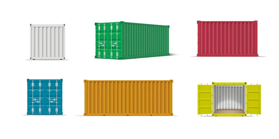 Cargo ship containers different colors and views mockup vector set Stock Illustration