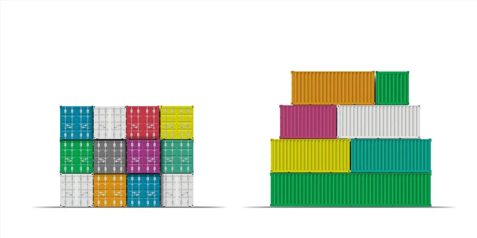 Cargo ship containers different colors stack vector set, folded metal freight Stock Illustration