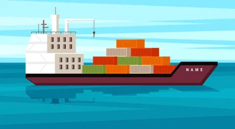 Cargo ship with containers illustration. Large sea freight carrier with red and Stock Illustration
