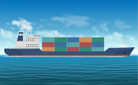 Cargo ship with containers realistic vector background Stock Illustration