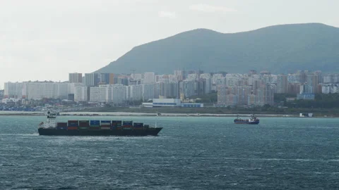 Cargo ship with containers sails to bay of city Stock-Footage 196168812