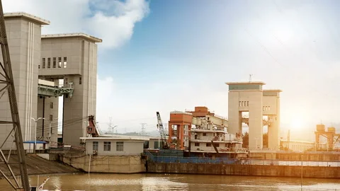 Cargo ship crossing gate Stock Footage 90443027