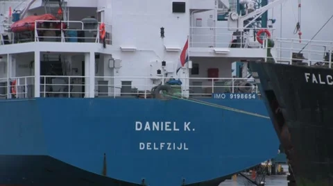Cargo ship Daniel K. Delfzijl tied up at the docks Stock Footage 7151591