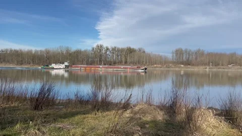 Cargo ship on the danube river between wallsee and ardagger Stock Footage 228364902
