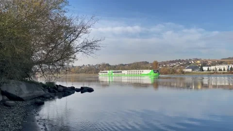 Cargo ship on the danube river in upper austria Stock Footage 166717695