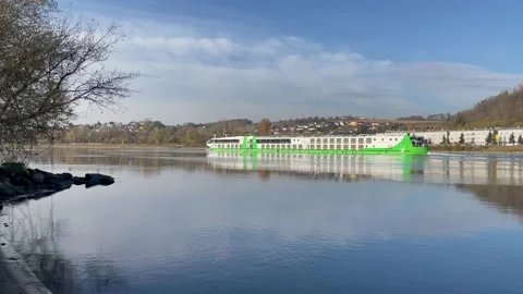 Cargo ship on the danube river in upper austria Stock Footage 166717698