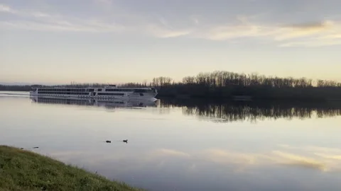 Cargo ship on the danube river in upper austria Stock Footage 166717714