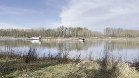 Cargo ship on the danube river in upper austria Stock Footage 169904845
