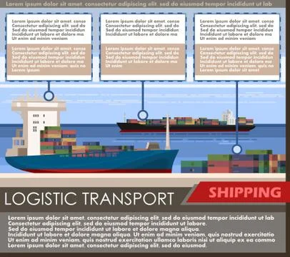 Cargo ship at the dock. Vector. Poster for logistics transport company. There Stock Illustration