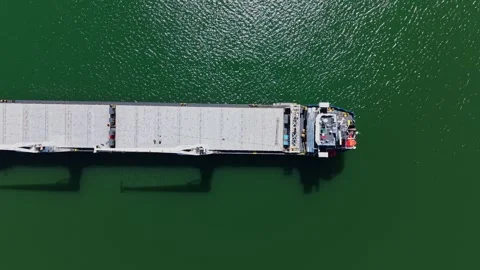 Cargo ship docked at port during the daytime with green water Stock Footage 338404819