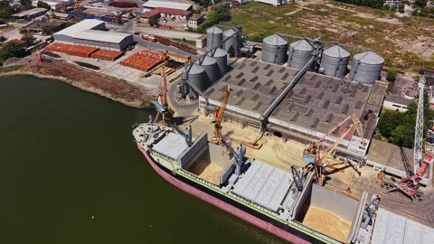 Cargo ship docks at grain storage facility near river Stock Footage 338405085