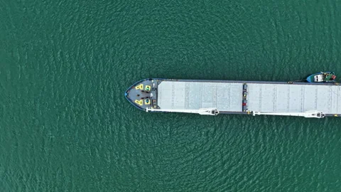 Cargo ship docks at port to unload freight in a busy harbor during the daytime Stock Footage 340142477