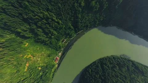 Cargo Ship Entering Bird's Eye Drone View of Danube River Austria Stock-Footage 345011757