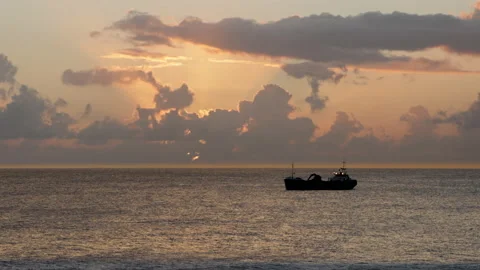 Cargo ship with excavator self-unloading system in silhouette at sunset Stock Footage 233242357